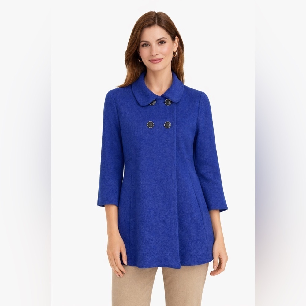 Royal Blue Wool Blend Double-Breasted Coat | 3/4 Sleeve Vintage Style XS